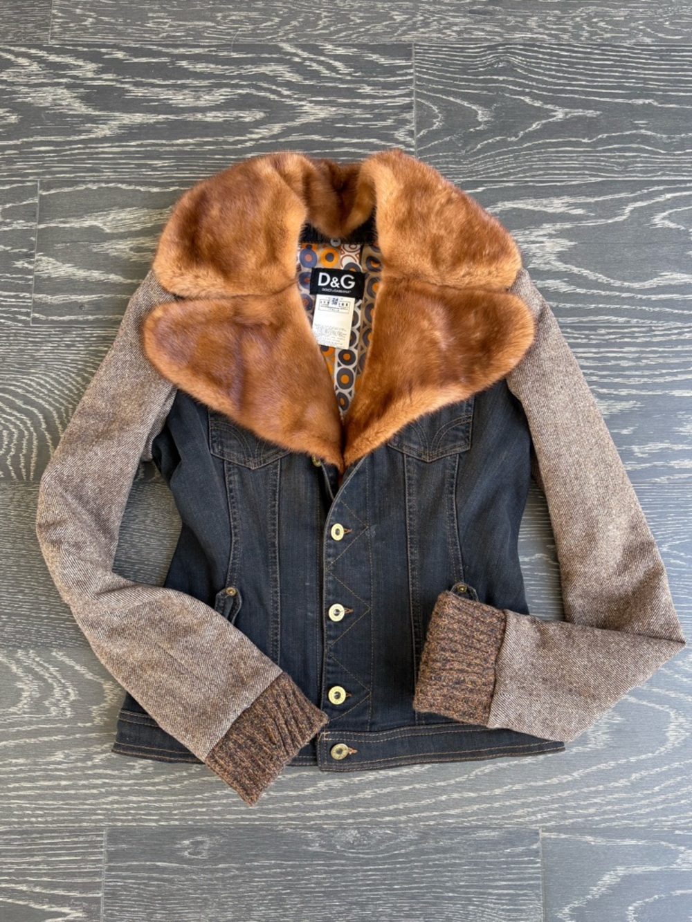 Auth VTG Y2K D&G Brown Fur-Collar Mixed-Media Jacket
